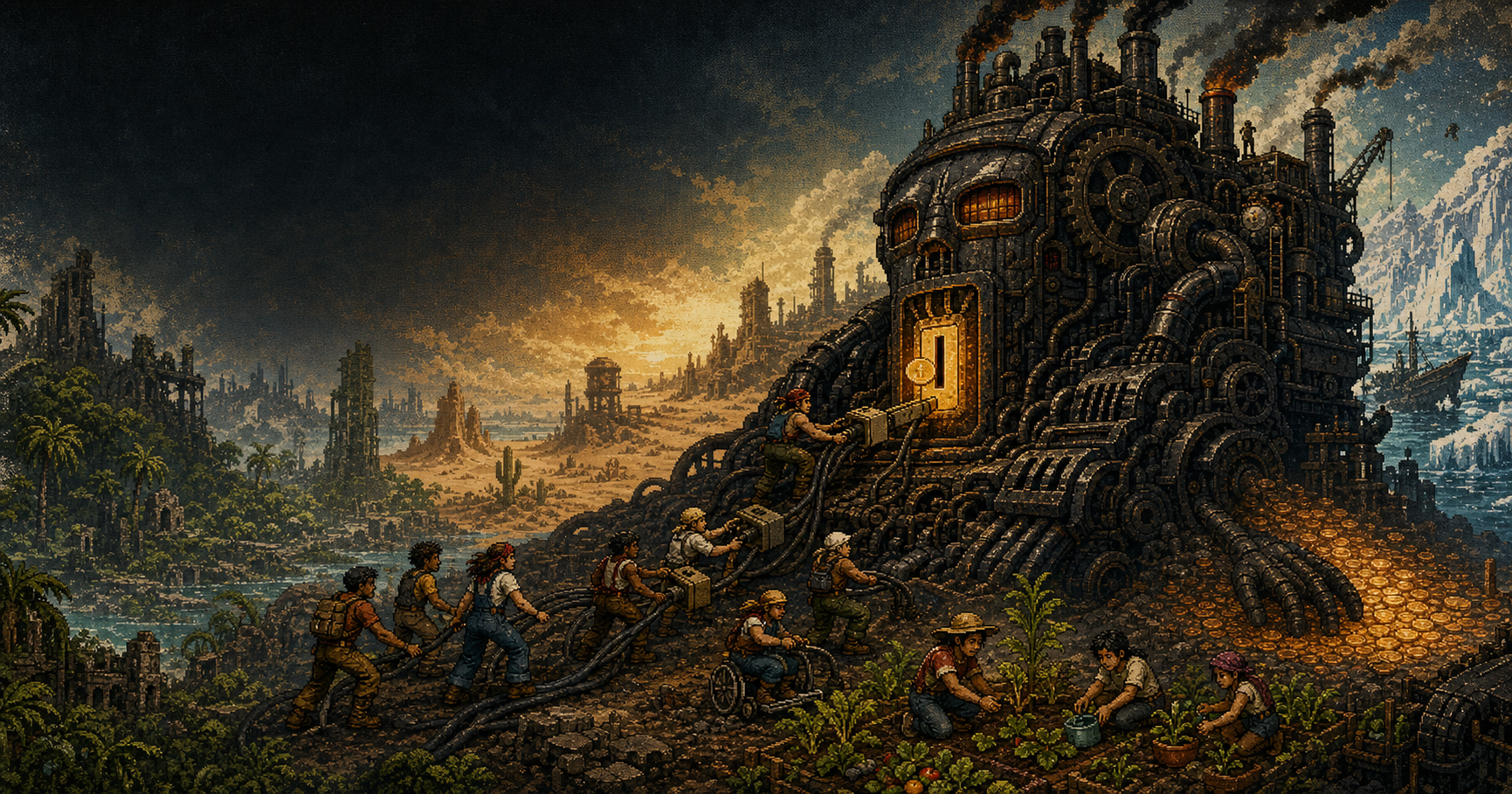 Workers unplug a colossal accumulation machine across a damaged world